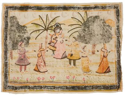 INDE Trois gouaches peintes sur soie à décor de scène de chasse, scène dans un jardin...