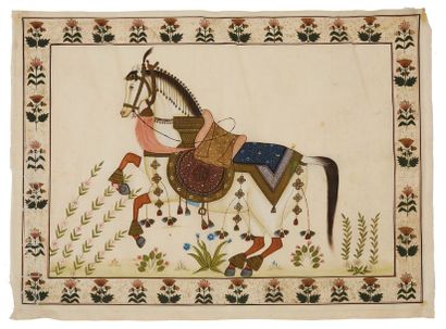 INDE Trois gouaches peintes sur soie à décor de scène de chasse, scène dans un jardin...