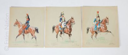 D'APRES Eugène PECHAUBES (1890-1967) Trois gravures rehaussées à la main en couleurs...