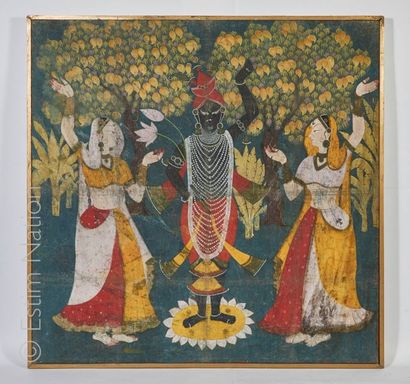Peinture sur soie Vishnu et deux de ses épouses dans un paysage. Peinture sur soie...