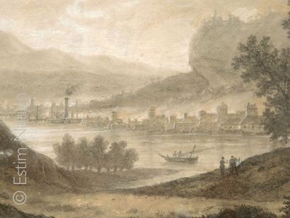 Ecole française fin XVIIIème siècle Paysage animé : ville en bord de fleuve, Paysage...