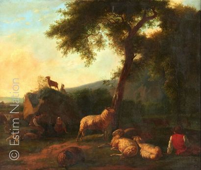 Anonyme vers 1820 Suiveur de B.P. OMMEGANCK « Scène champêtre avec bergers et moutons...