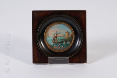 Miniature encadrée Miniature peinte à la gouache représentant une marine animée de...