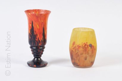 MULLER FRERES LUNEVILLE Vase ovoïde en verre marmoréen à décor nuancé jaune, orangé...