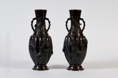 JAPON - Vers 1900 Paire de vases en bronze patiné à deux anses façon bambou la panse...