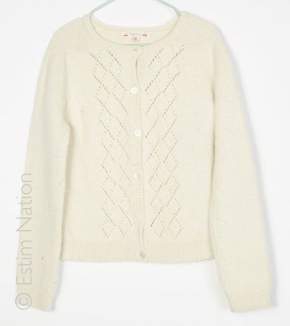 BONPOINT CARDIGAN en tricot de laine, alpaga et acrylique blanc ajouré (mini bouloches,...