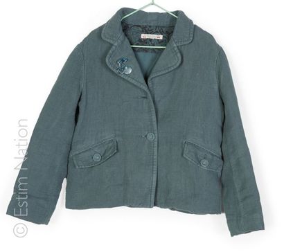 BONPOINT VESTE en coton et lin vert de gris, col rehaussé d’une broche en résine...