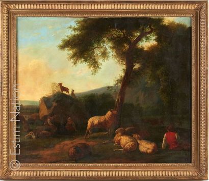 Anonyme vers 1820 Suiveur de B.P. OMMEGANCK « Scène champêtre avec bergers et moutons...