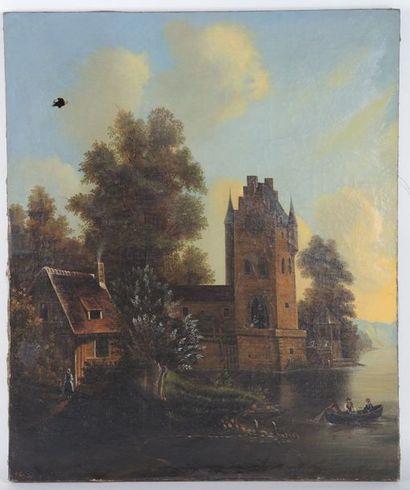 ANONYME Vers 1840 "Paysage animé avec château et barque"
Huile sur toile, monogrammée...