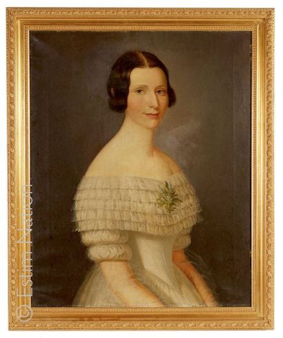 ECOLE FRANÇAISE 19e siècle "Portrait de femme en robe de soirée"
Huile sur toile...