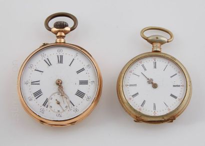 MONTRES DE GOUSSET Deux montres de gousset : l'une en or 18K (750%) cadran émaillé...
