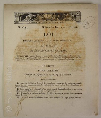 LÉGION D'HONNEUR "loi portant création d'une Légion d'Honneur",du 29 floréal,an X,sur...