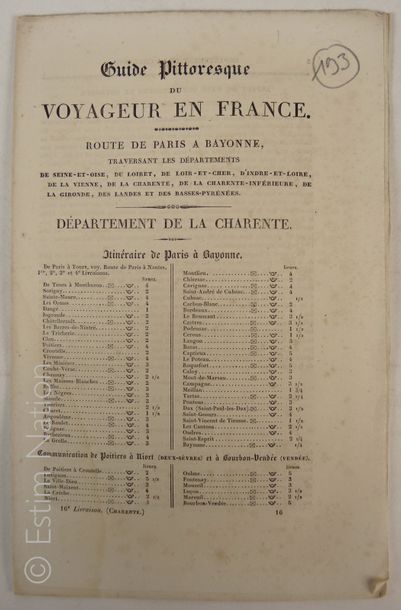TOURISME CHARENTE "Guide pittoresque du voyageur en France,département de La Charente",Paris,imprimerie...
