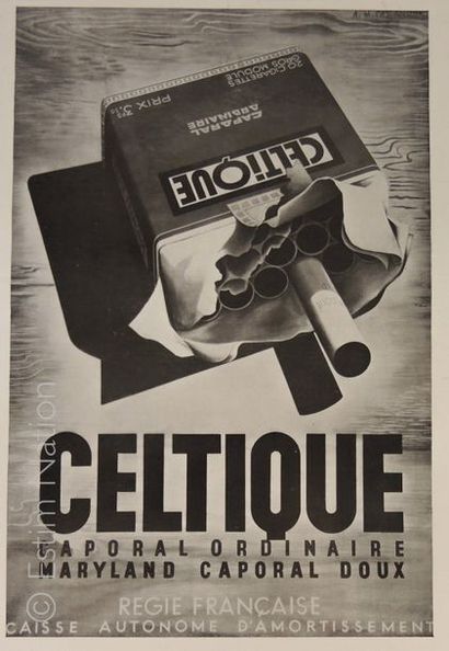 ART PUBLICITAIRE "Cigarettes Celtique",gravure en noir ,vers 1930,27 x 34 cm,gravure...