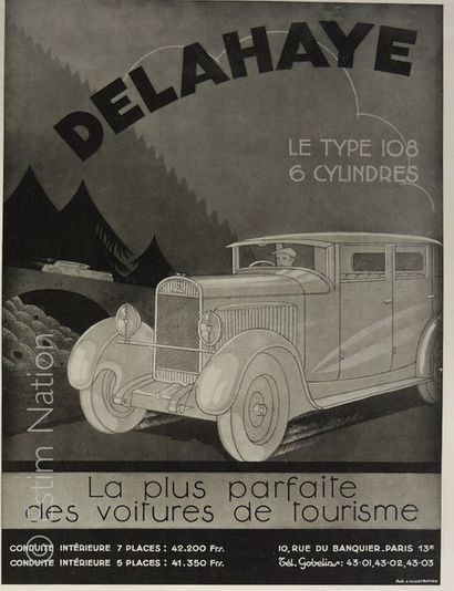 ART PUBLICITAIRE-AUTOMOBILIA "Delahaye",gravure en noir ,vers 1920,27 x 34 cm,gravure...