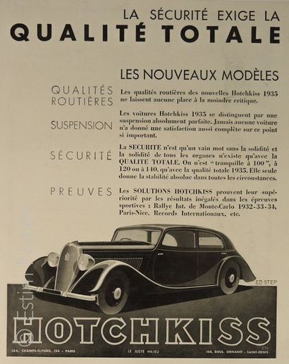 ART PUBLICITAIRE-AUTOMOBILIA "Hotchkiss",gravure en noir ,vers 1930,27 x 34 cm,gravure...