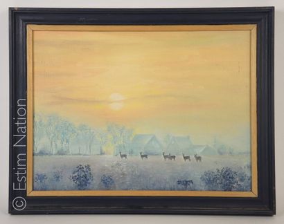 GOUACHE SUR TOILE ENCADREE "Brouillard d'automne" 29 x 38 cm, très bon état. Signature...