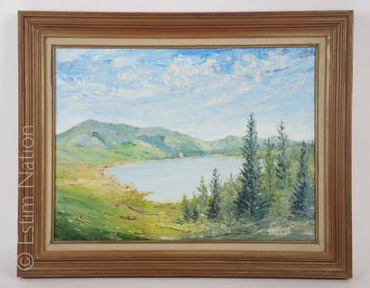 GOUACHE SUR TOILE ENCADREE "Lac de Guery" 29 x 38 cm, très bon état. Signature Henri...