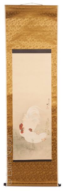 KAKÉMONO JAPON, XXe siècle

Coq, poule et poussins
Encre et pigments sur soie, monté...