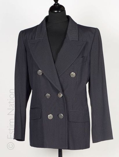 Yves SAINT LAURENT Rive Gauche BLAZER en lainage marine à rayures tennis, col cranté...