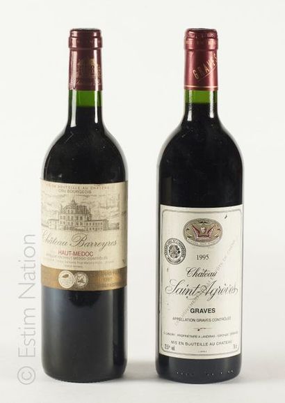 VINS 2 bouteilles : 1 CHÂTEAU SAINT AGÈVES 1995 Graves, 1 CHÂTEAU BARREYRES 1995...
