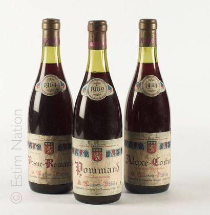 VINS 3 bouteilles : 1 POMMARS 1962 Masson-Dubois, 1 VOSNE-ROMANÉE 1964 Masson-Dubois,...