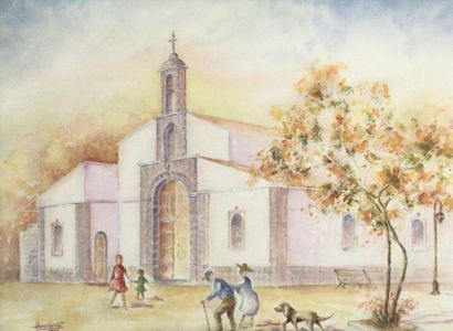 AQUARELLE SOUS VERRE ENCADREE "Eglise espagnole" 38 x 28 cm, très bon état. Signature...