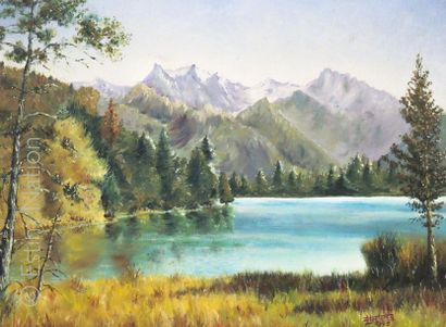 AQUARELLE SUR TOILE ENCADREE "Lac en montagne" 38 x 28 cm, très bon état. Signature...