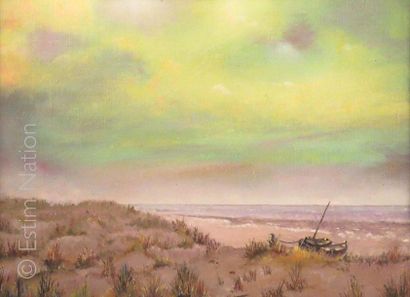 AQUARELLE SUR TOILE ENCADREE "Dunes et plage du Nord" 38 x 28 cm, très bon état....