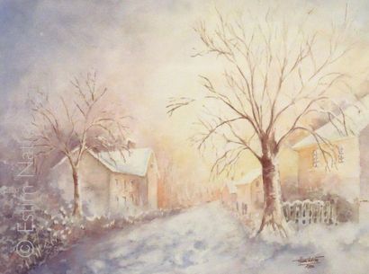 AQUARELLE SOUS VERRE ENCADREE "Maison en paysage d'hiver" 39 x 29 cm, très bon état....