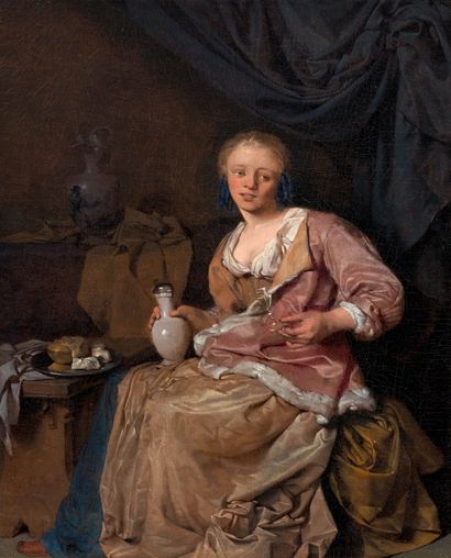  CORNELIS PIETERSZ. BEGA
(1631/32 Haarlem 1664)
Jeune femme dans un intérieur, tenant... Gazette Drouot