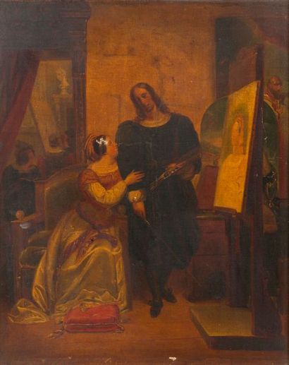 ÉCOLE FRANCAISE. XIXème siècle Dans l'atelier 
Huile sur toile (Accidents) 
60 x...