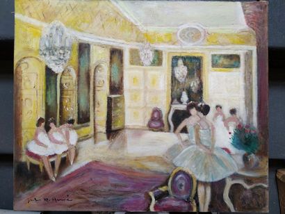 Jules René HERVE (1887 - 1981) Les ballerines au foyer 
Huile sur toile. Signé en...