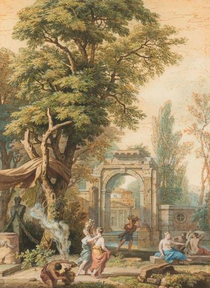 Isaac De MOUCHERON (1670 - 1744) Vue d'un parc à l'antique 
Plume et encre brune,...