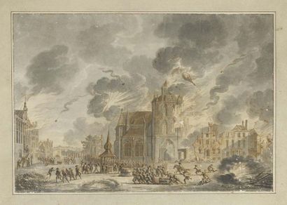 Dirck Langendyck (1748-1805) Le bombardement d'une ville, une église en flammes au...