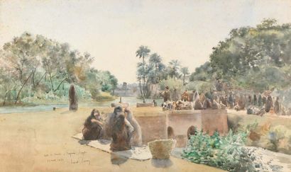 Ernest Constant SIMON (1848-1895) Route du marché de Fayoum. Egypte.
Aquarelle. Signé,...