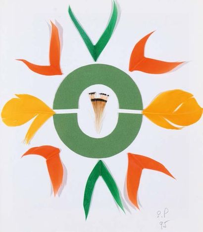 Edgar PILLET (1912-1996) Composition
Collage et plumes. Monogrammé et daté 95 en...