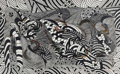ANDRE LABELLE (NE EN 1934) Fresque représentant des oiseaux martiens noir et blanc
Acrylique...