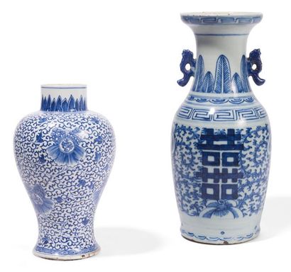 null Vase balustre en porcelaine à décors bleu-blanc de feuillages et fleurs, au...