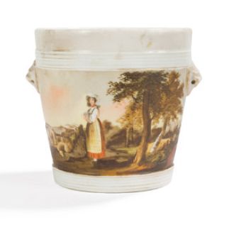 null Cache pot en porcelaine de Paris à décor peint en polychromie de bergère dans...