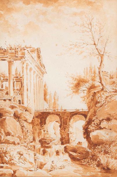 Ecole Française du XVIIIème siècle 
Paysage avec un pont et un temple antique en...