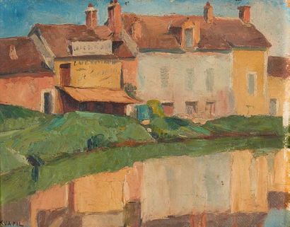 Charles KVAPIL (1884-1957) 
Maison en bord de Seine
Huile sur carton. Signé en bas...