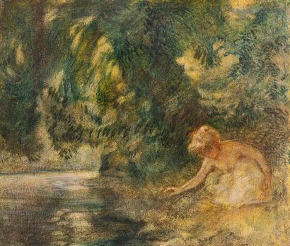 Gaston LA TOUCHE (1854-1913) 
Jeune fille en bordure de rivière
Huile sur carton.
Signé...