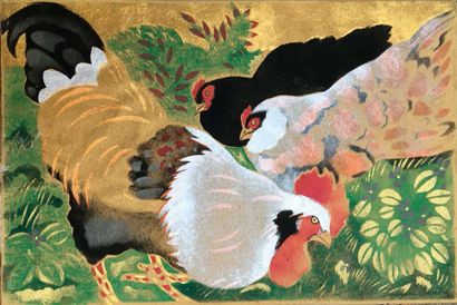 Georges MANZANA-PISSARO (1871-1961) 
Coq et poules aux crêtes rouges
Pastel et technique...