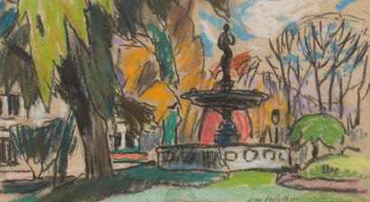 Louis Mathieu VERDILHAN (1875-1928) 
Fontaine dans un parc
Pastel sur papier. Signé...