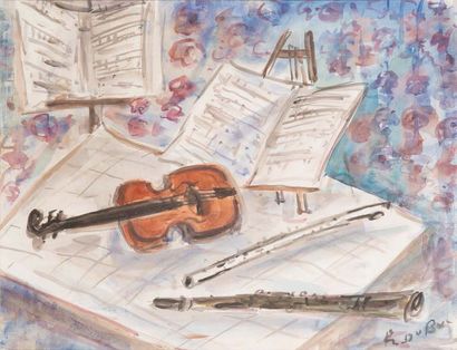 Roland DUBUC (1924-1998) 
Still life with watercolour musical instruments on paper....