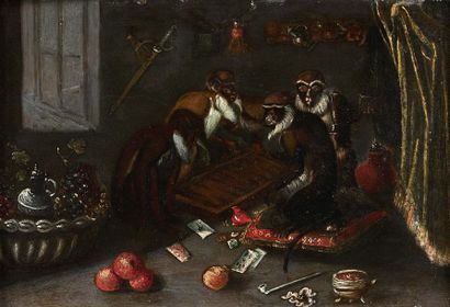 Attribué à Ferdinand von KESSEL (1648 - 1696) 
Monkeys
Oil on copper
12 x 16.5 c...