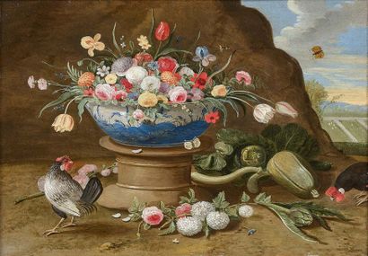 Jan van KESSEL II (Anvers 1626 - 1679) 
Vase de fleurs, coq et courge sur un entablement
Huile...