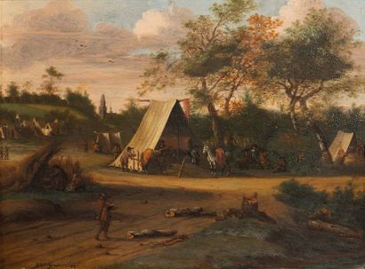 Josua de GRAVE (1643-1712) 
Le campement militaire.
Huile sur panneau. Signé en bas...