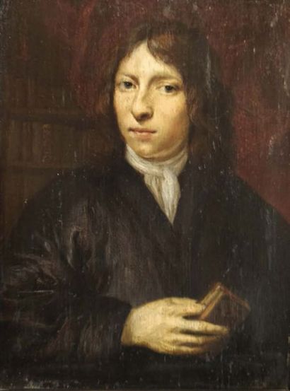 ÉCOLE HOLLANDAISE VERS 1650 
Portrait d'homme devant sa bibliothèque Huile sur panneau....